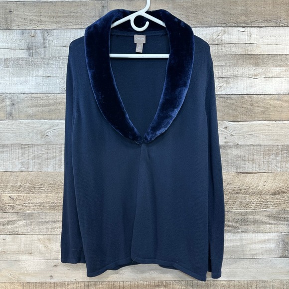 Chico's Sweaters - Chicos Women Navy Blue Faux Fur Collar‎ Knit Cardigan Sweater Size 3